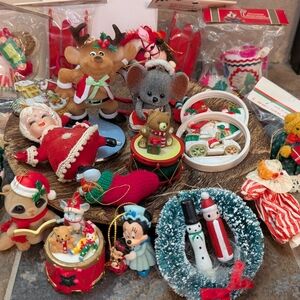 Vintage Lot Of 24 Christmas Ornaments Flocked Felt Plastic Mixed Lot